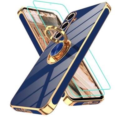 Imagem de Gritup Capa para celular Samsung Galaxy S24 FE | 2 peças protetoras de tela | Suporte magnético de rotação de 360°, capa protetora à prova de choque de TPU macio com borda dourada banhada a ouro para