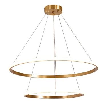 Imagem de Lustres circulares ultrafinos com 2 lâmpadas, luminária pendente linear em latão com cúpula em acrílico branco, luminárias suspensas modernas de LED de 45 W, luminárias de suspensão redondas