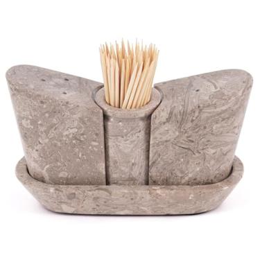 Imagem de Conjunto de saleiro e pimenteiro de mármore, conjunto de sal e pimenta oceânico de 6 cm com bandeja, recipiente de sal ideal, suporte de palito, saleiro para cozinha