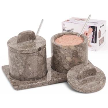Imagem de SPESHSTONES Adega de sal de mármore com tampa e bandeja Caixa de armazenamento de sal oceânico artesanal de 7,5 cm com tampa - Saleiro, recipiente de açúcar, recipiente de tempero para decoração de