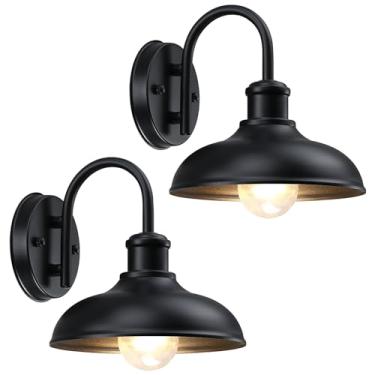Imagem de MYHXQ Luminárias Externas Gooseneck, Pacote Com 2 Luzes De Celeiro Para Varanda, Arandela Industrial Preta Para Parede Externa Para Garagem, Pátio, Base E26 Antiferrugem Para Porta De Entrada De Gar