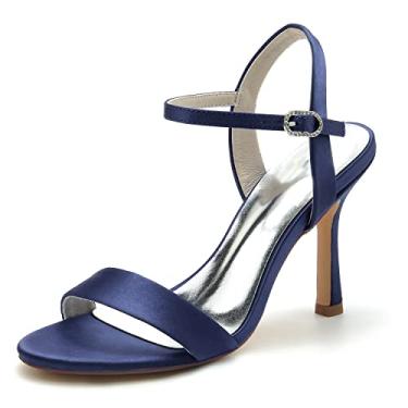 Imagem de Sapatos de noiva femininos Chunky Peep Toe salto alto acetinado marfim sapatos sapatos sociais 36-43,Dark blue,4 UK/37 EU