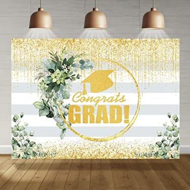 Imagem de Rsuuinu Congrats Grad Pano de fundo festa de formatura classe de 2022 glitter dourado bokeh folhas verdes fundo fotografia faculdade baile suprimentos de festa decoração banner de mesa de bolo adereços de cabine de fotos 2,1x1,5 m
