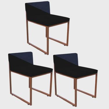 Imagem de Kit 03 Cadeira Office Lee Duo Sala de Jantar Industrial Ferro Bronze Sintético Preto e Azul Marinho - Ahazzo Móveis