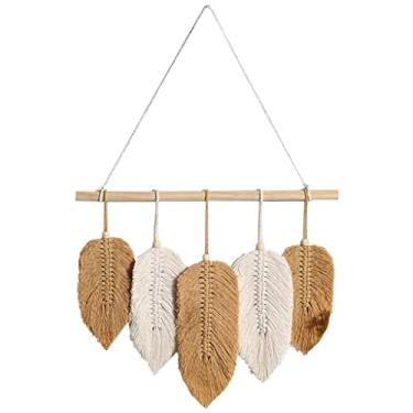 Imagem de Macrame suspensão de parede Boho decoração de parede à mão folhas borlas decoração ornamentos de algodão tapeçaria para quarto sala, Bege e Amarelo