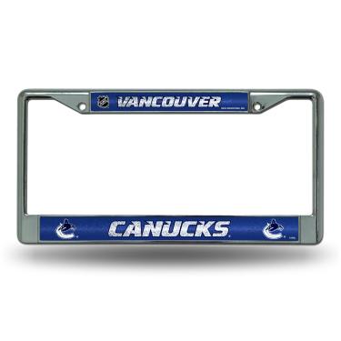 Imagem de NHL Rico Industries Moldura de placa de licença cromada brilhante com detalhes em glitter, cor da equipe Vancouver Canucks, 15 x 31 cm
