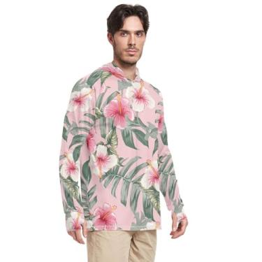 Imagem de Camisa de sol masculina manga longa rosa hibisco flores FPS 50 camisa de sol masculina roupa ativa UV com capuz Rashguard para homens, Flores de hibisco rosa, M