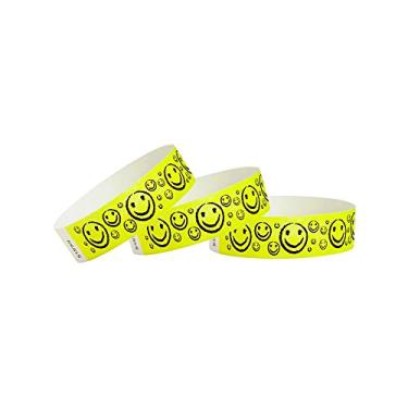 Imagem de Pulseiras Tyvek de rosto sorridente amarelo de 200 Wristco para eventos - 2,5 cm x 25,4 cm - Pulseiras de papel à prova d'água, recicláveis, confortáveis, resistentes a rasgos para shows, festivais,