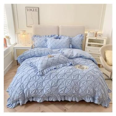 Imagem de Jogo de cama de quatro peças de algodão sólido estilo princesa menina coração colcha jogo de cama de algodão quatro estações, jogo de cama (cama azul 1,8 m)