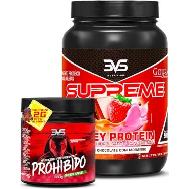 Imagem de 3VS Nutrition Combo Pré-Treino Prohibido Sabor Maça Verde 360g + Whey Supreme 900g Sabor Morango/Chocolate
