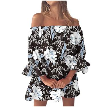 Imagem de Generic Vestido de praia feminino comprimento 3/4 manga bufante vestido de ombro vazado para mulheres chiffon floral midi vestido plissado havaiano, K-741 Preto, G