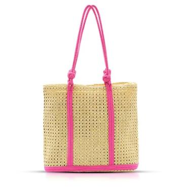 Imagem de QTKJ Sacola, bolsa de praia para mulheres, bolsa de palha, bolsa de ombro tecida à mão para férias, viagem, combinação diária (rosa), rosa, One Size