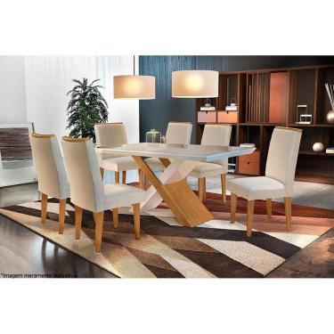 Imagem de Conjunto: Mesa de Cozinha Imperatriz Tampo Madeirado c/ Vidro Canto Reto 180x90cm e 6 Cadeiras Lunara Imbuia/Off White - Suede Creme - Rufato