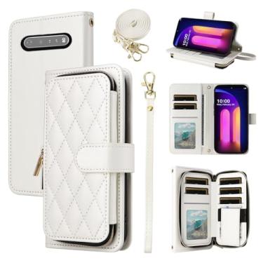 Imagem de Furiet Argyle Capa carteira para LG V60 ThinQ V60ThinQ 5G G9 Thin Q com alça de pulso, 9+ compartimentos para cartões com zíper bolsa para celular com suporte quadriculado para LGV60 V 60 60ThinQ 60V