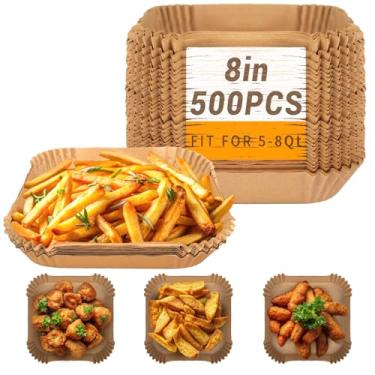 Imagem de 500 peças de forros de papel para fritadeira a ar, forro de papel pergaminho descartável quadrado de 20 cm para fritadeira a ar de 5 a 8 QT, antiaderente, à prova de óleo, papel airfryer cru para