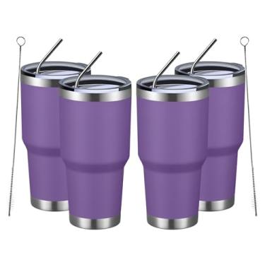 Imagem de MEWAY Copo isolado de 850 g com tampas e canudos, copo de café a vácuo duplo de aço inoxidável, escova, copo de café durável revestido em pó para bebidas frias e quentes, escritório, viagem (roxo,