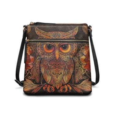 Imagem de Sannovo Bolsa tiracolo de couro Hobo para mulheres, bolsas de ombro femininas, bolsa carteiro, Estampa de coruja marrom boho