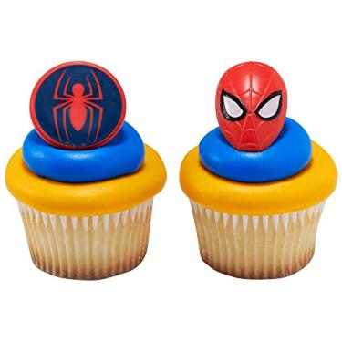 Imagem de DecoPac Anéis De Aranha E Máscara Do Homem-Aranha™ Da Marvel, Decorações Para Cupcake Homem-Aranha, Topos Bolo Vermelhos Azuis Seguros Alimentos, Pacote Com 24