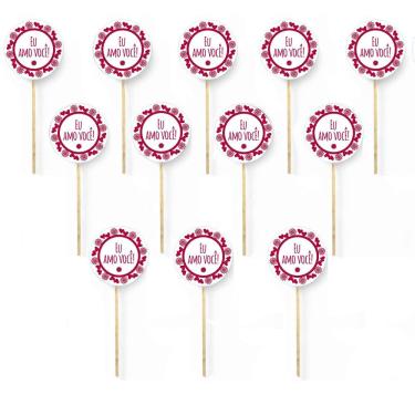 Imagem de Kit 12 Picks Decorativos Arranjo de Flor Madeira Eu Amo Você
