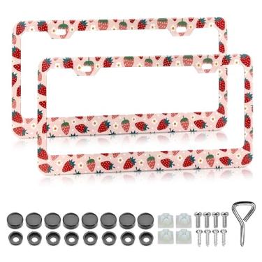 Imagem de Moldura de placa de licença de morango - 2 peças de capas de suporte de placa de carro de alumínio fruta, à prova de ferrugem, à prova de ferrugem, molduras decorativas para carros padrão 30 x 15 cm