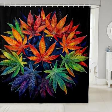 Imagem de Cortina de chuveiro com folhas de maconha, cortina de banheiro estampada com folhas de cannabis, decoração de banheiro para adolescentes e homens, cortina de banho de plantas exóticas coloridas