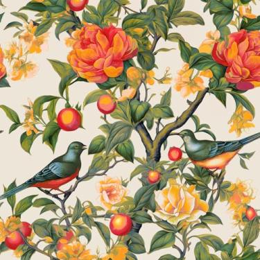 Imagem de Danodoi Papel de parede floral de pássaro laranja papel de parede vintage flor colorida mural de parede vinil impermeável autoadesivo removível para locatário papel de parede 44,5 cm x 299,7 cm