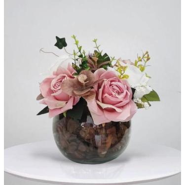 Imagem de Arranjo de flores rosas artificial com o vaso terrário - La Caza Store