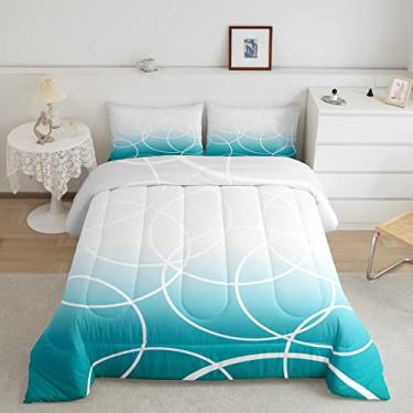 Imagem de Conjunto de edredom com círculos geométricos, gradiente, ombré, solteiro, azul-petróleo, cinza, branco, azul-petróleo, 1 edredom geométrico e 1 fronha com círculos