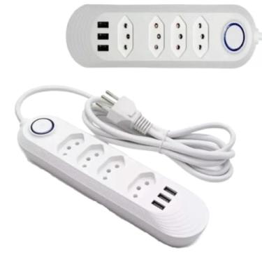 Imagem de Cabo de Extensão Elétrica 2m com 4 Tomadas + 3 Entradas USB e Botão Liga/Desliga – Prático e Seguro para Casa e Escritório