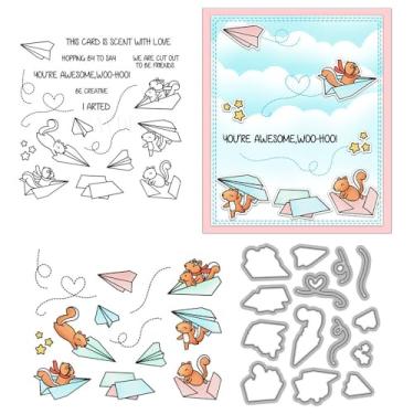 Imagem de Conjunto de carimbos e cortes transparentes de avião de papel esquilos para fazer cartões artesanais, moldes de corte de metal, estêncil, scrapbook, suprimentos em relevo, modelos de selos 2024-2025