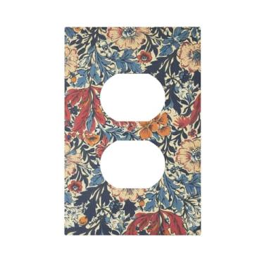 Imagem de JDAKHD William Morris Placa de parede de tomada dupla floral 1 gangue abstrata retrô meados do século boho flores planta decorativa dupla soquete capa de interruptor de luz para casa, escritório e