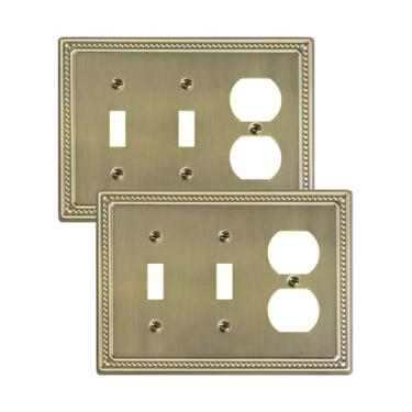 Imagem de TREEWELL Pacote com 2 placas de interruptor de luz duplex/duplo, placas decorativas de latão antigas e tampas de tomada, placas de parede de metal para tomadas elétricas