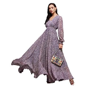 Imagem de Miss Chase Vestido longo feminino de chiffon com gola V e manga bispo floral reunido Miss Chase, Multicolorido-Base-Roxo, XS