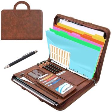 Imagem de NATISERAUM Fichário de portfólio com alça, organizador de pastas de 3 anéis, portfólio de couro vegano com bloco de notas inclui 5 divisórias com 10 bolsos para arquivos de documentos para arquivos de