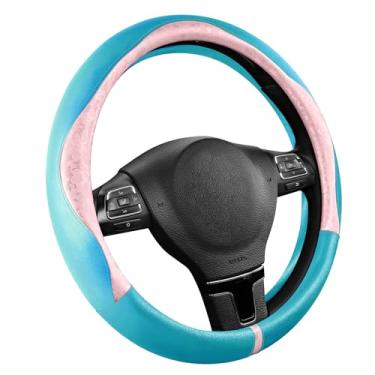 Imagem de PIC AUTO Capa de volante, estampa rosa e design de retalhos de couro azul, ajuste universal de 36,8 a 39,4 cm, antiderrapante, sem odor, couro sintético macio, acessório de carro durável para meninas