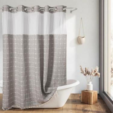 Imagem de River Dream Farmhouse Cortina de chuveiro cáqui com forro de encaixe, conjunto de cortina de chuveiro sem ganchos, com borlas para decoração de banheiro, cortina de chuveiro e forro com janela