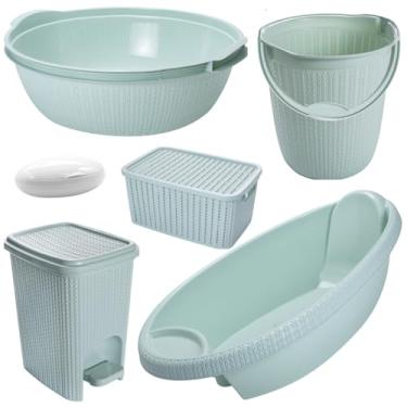 Imagem de Kit 6 Peças Banheira Bebê Trama Plasútil Bacia Balde Lixeira saboneteira infantil (Verde)