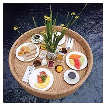Imagem de Bandeja de servir flutuante mesa de piscina, bandeja flutuante de 60 x 15 cm, bandeja flutuante de café da manhã em vime amarelo, impermeável, bandeja flutuante para bebidas na piscina (cor: