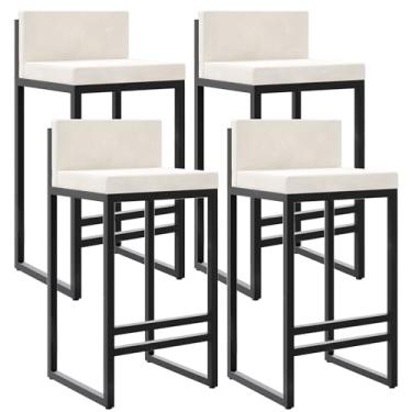 Imagem de Banquetas de veludo com altura para balcão com apoio para os pés nas costas para cozinha, banquetas modernas de metal, cadeiras de bar estofadas, bancos de ilha - branco, 4 peças, 65 cm de altura