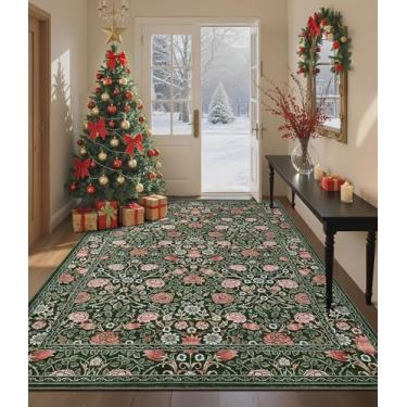 Imagem de GarveeHome Tapete verde escuro vintage floral lavável 12 x 18 cm para sala de estar, boho, botânico, retrô, resistente a manchas, tapete antiderrapante para quarto, berçário, sala de jantar