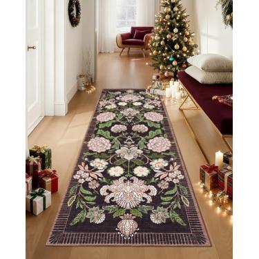 Imagem de GarveeHome Plum Pink Floral Botânico 6 x 20 Lavável Tapete de Cozinha Antiderrapante Preto Roxo Vintage Boho Cottage Tapete Longo para Corredores Quarto Entrada Tapete de Banheiro com Traseira de