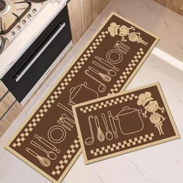 Imagem de Kit 2 Tapetes de Cozinha Antiderrapantes e Absorventes – Passadeira 40x120cm + Tapete 40x60cm em Poliéster(cozinheira bage com marrom,2)
