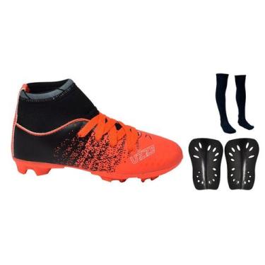 Imagem de Chuteira Infantil Campo Botinha Cano Alto Gramado Travas + Meião + Can