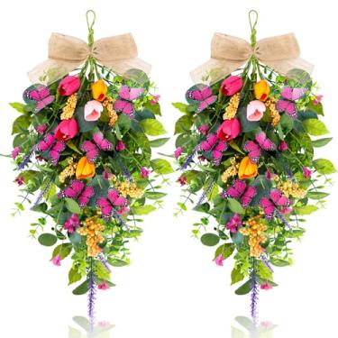 Imagem de 2 peças de guirlanda de primavera de 61 cm para porta da frente de tulipa artificial, grinalda de lágrima, borboleta, lavanda, guirlanda de eucalipto, grinalda floral para pendurar em casa de fazenda