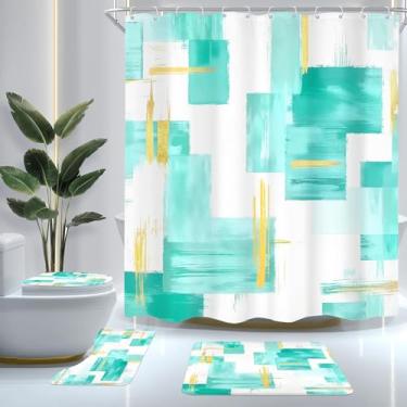 Imagem de Cinbloo Conjunto de 4 peças de cortina de chuveiro azul-petróleo turquesa dourada, abstrata, ombré, pintura a óleo, minimalista, com tapete, tampa de vaso sanitário, tapete de banho, cortina de