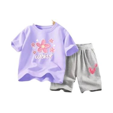 Imagem de Conjunto De Roupas De Verão Para Meninas Camiseta Com Flores E Shorts 