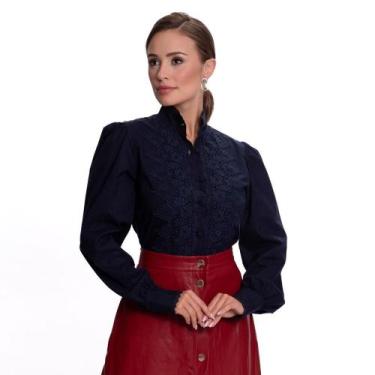 Imagem de Camisa Social Feminina Rendada Luxo Moderna Teodoro Glamour, P, Azul m