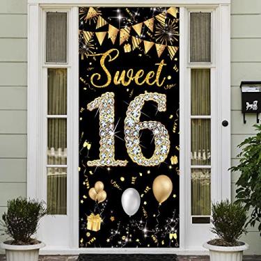 Imagem de Sweet 16 Birthday Decorations Banner de porta, ouro preto, decorações de aniversário de 16 anos para meninas e meninos, decorações de festa de dezesseis doces, pano de fundo para decoração de placa de porta, 1,9 m x 90 cm Tecido PHXEY