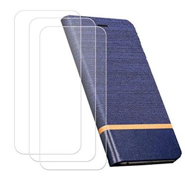 Imagem de FZYM Capa para Samsung Galaxy A04e (6,5 polegadas) + Pacote com 3 películas protetoras de tela de vidro temperado, carteira magnética PU capa protetora flip com slots para cartão, capa de couro azul