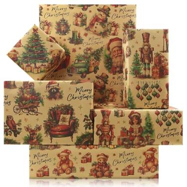 Imagem de Papel de embrulho retrô de Natal, 4 folhas de papel de embrulho dobrado de Natal, quebra-nozes, Papai Nozes, Coruja, Alce, Urso, Caminhão, Boneco de Neve, Papel de Embrulho de Presente para